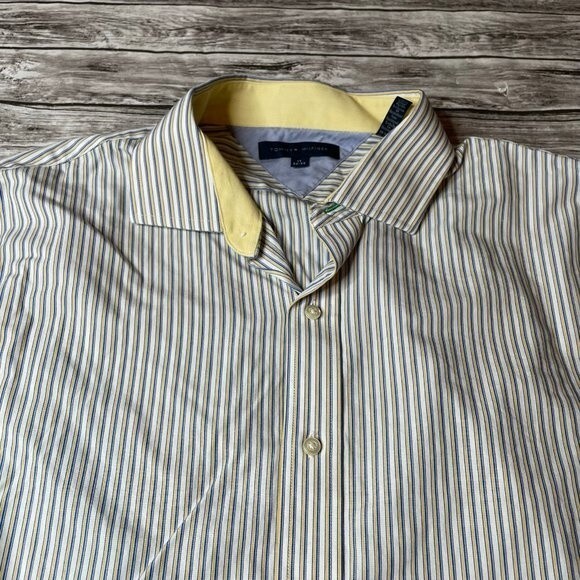 Tommy Hilfiger Mens Button Down Long Sleeve Shirt Yellow White Blue 17 32-33 - Picture 4 of 10